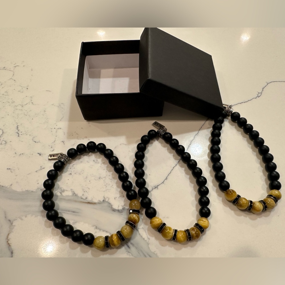 Aura Three (3) Stretchy Beaded Bracelets - Tan and Black - in a Box